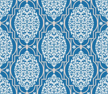 Vektör damask Dikişsiz desen arka plan. Klasik lüks eski moda damask süsleme, duvar kağıtları, tekstil, sarma için Kraliyet Viktorya Dikişsiz doku. Nefis çiçek Barok şablonu.