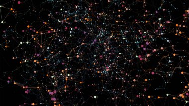 Vektör soyut büyük veri noktası çizimi görselleştirmesi. Fütürist bilgi grafikleri tasarımı. Görsel bilgi karmaşıklığı. Karmaşık veri iplikleri grafiği. Sosyal ağ, finansal analiz.