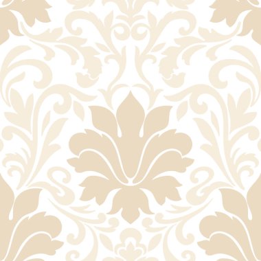 Vektör damaske desen elementi. Klasik lüks, eski moda İspanyol süsü, duvar kağıtları, tekstil ve ambalaj için kraliyet Victoria dönemi dikişsiz dokusu. Zarif çiçekli barok şablonu.