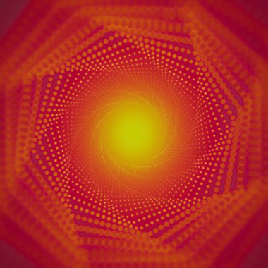 Kırmızı arka planda parlayan sonsuz ışık tüneli ve sığ alan derinliği. Parlayan noktalar tünel sektörlerini oluşturur. Soyut siber renkli arkaplan. Zarif modern geometrik duvar kağıdı
