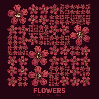 Çiçekler mükemmel düzenlenmiş. Şebekeye göre düzenlenmiş vektör çiçekleri. Kavramsal çiçekli üreme geçmişi. Prosedür grafikleri. Mükemmel düzen arkaplanı