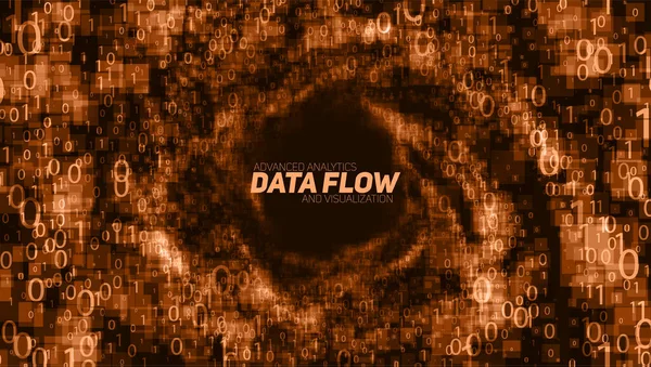 Vector Abstract Big Data Visualization Orange Glowing Data Flow Binary — Stock Vector