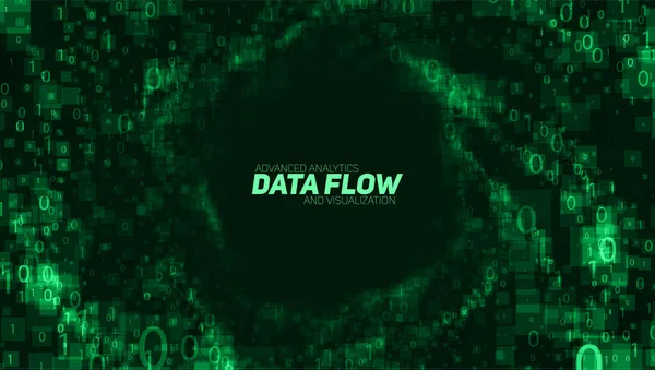 Vector Abstract Big Data Visualization Green Glowing Data Flow Binary — Stock Vector