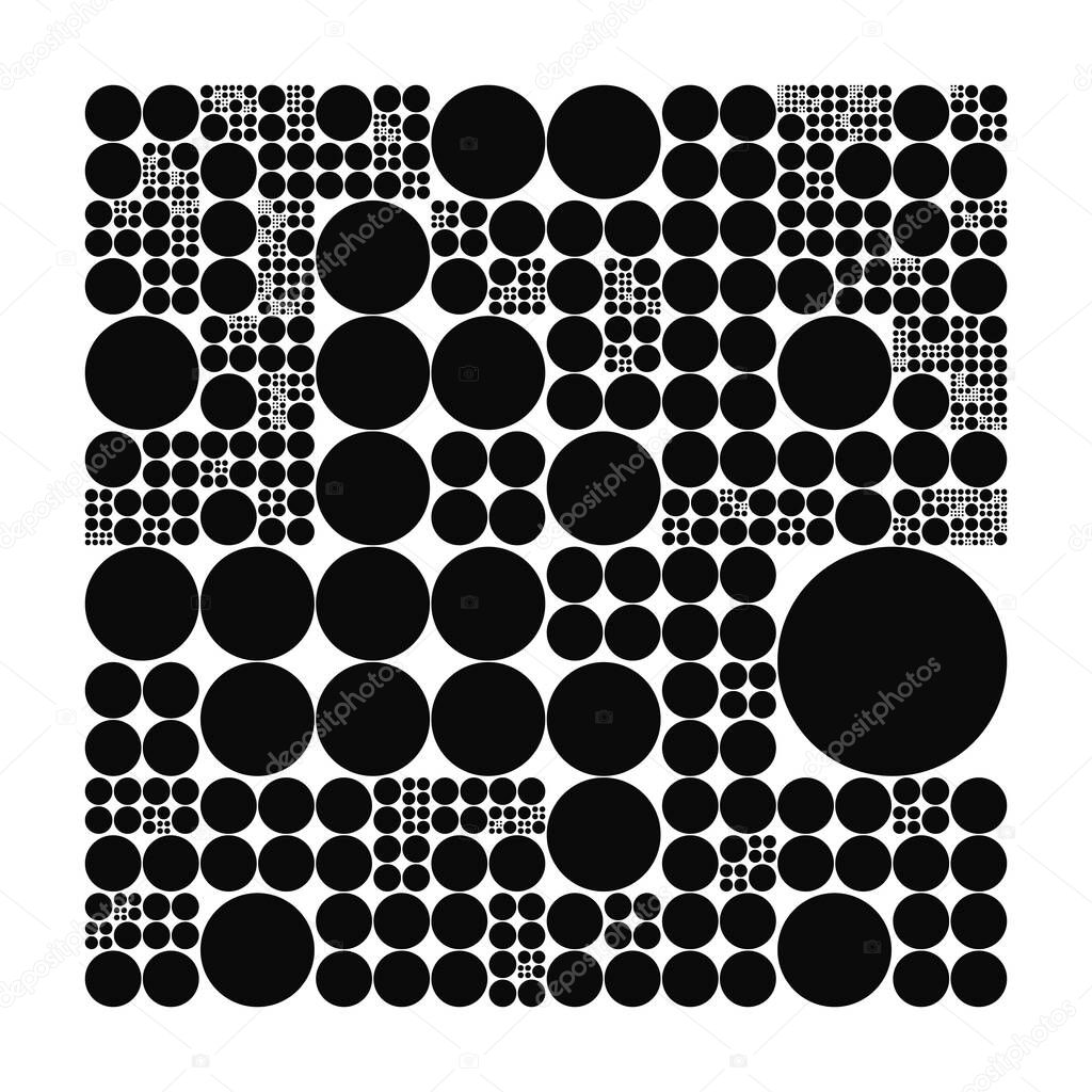 Subdivided circle grid system. Randomly sized spheres with fixed space between. Futuristic dot layout. Conceptual generative background. Procedural graphics. Creative coding