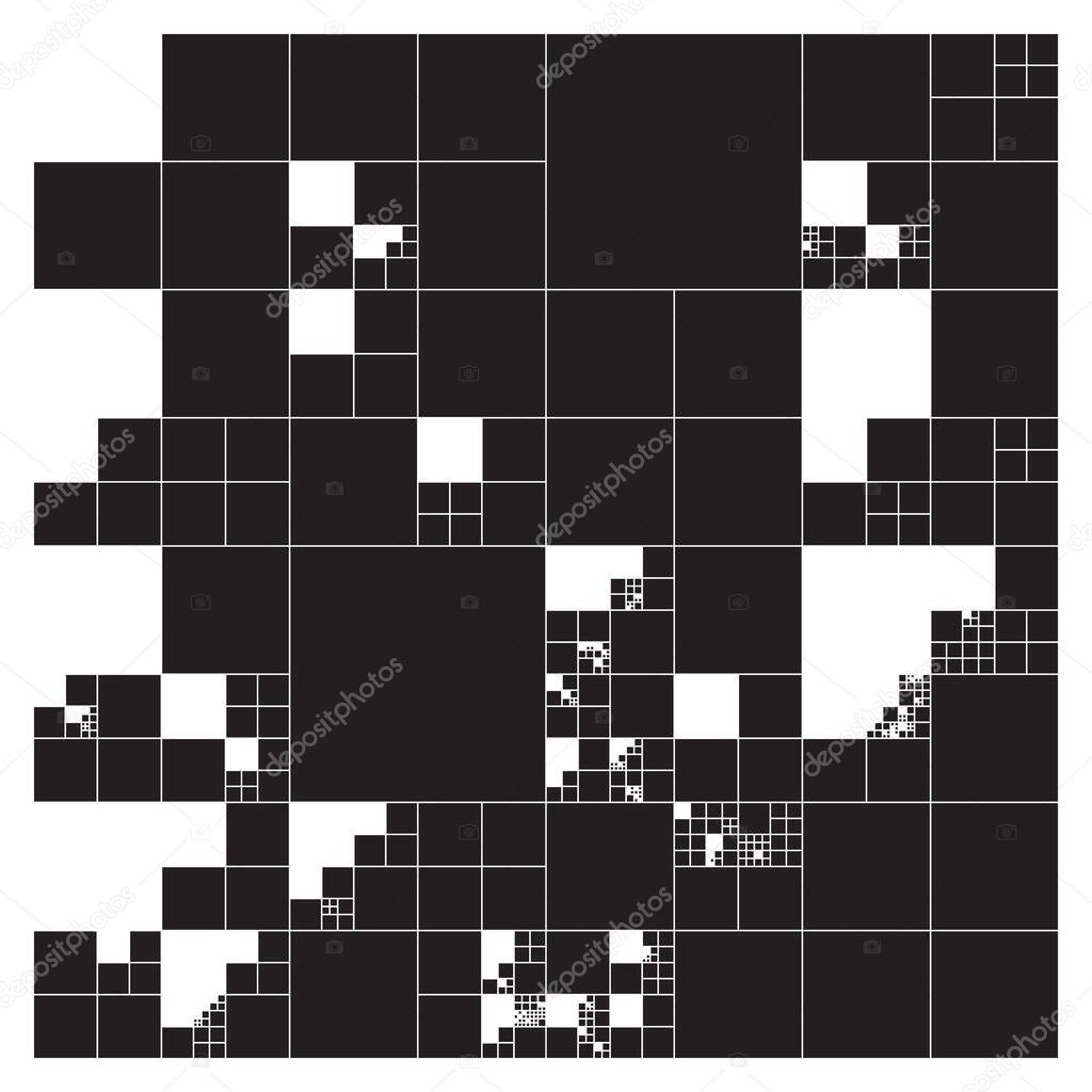 Subdivided squares grid system. Randomly sized polygons with fixed space between. Futuristic layout. Conceptual generative background. Procedural graphics. Creative coding