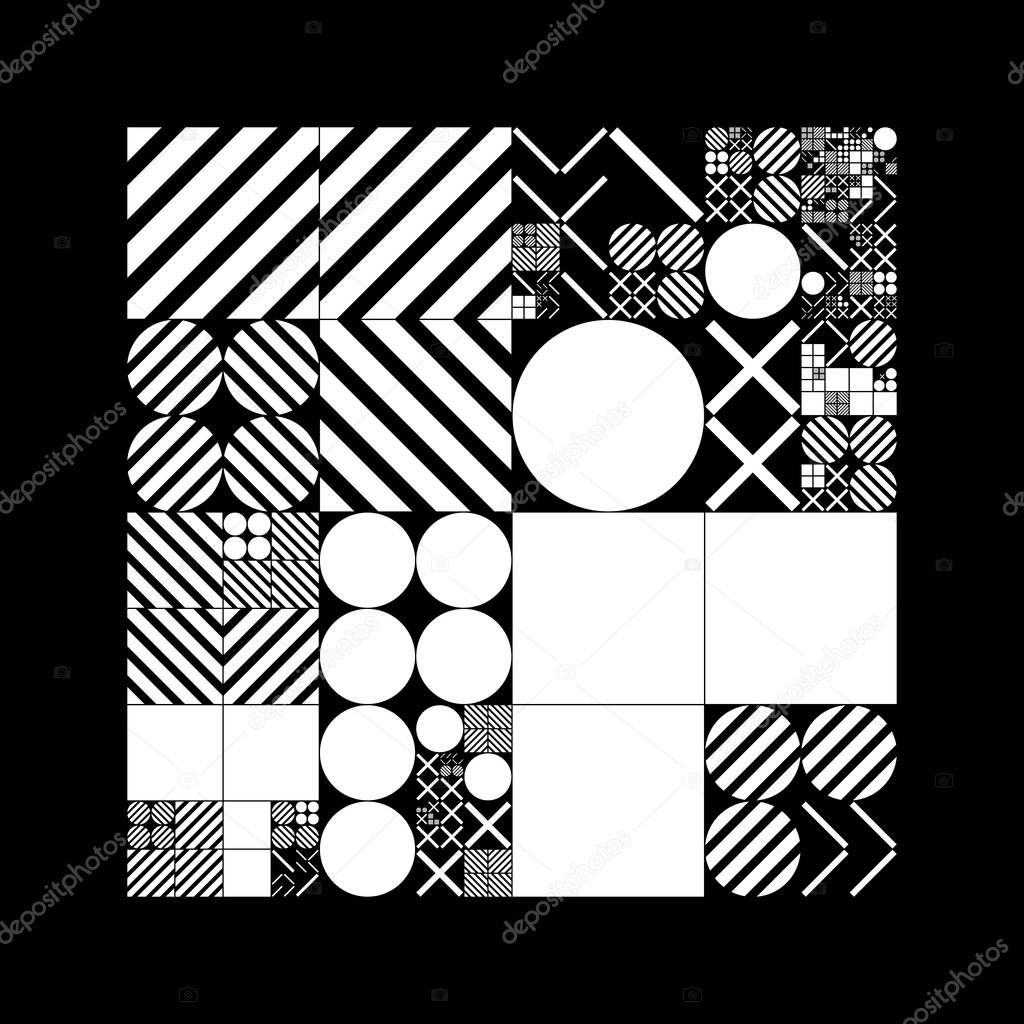 Subdivided grid system with symbols. Randomly sized objects with fixed space between. Futuristic minimalistic layout. Conceptual generative background. Procedural graphics. Creative coding