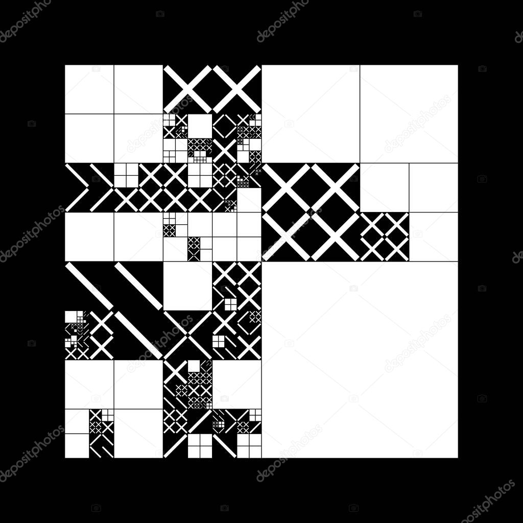 Subdivided grid system with symbols. Randomly sized objects with fixed space between. Futuristic minimalistic layout. Conceptual generative background. Procedural graphics. Creative coding