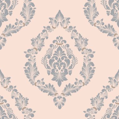 Vektör damaske desen elementi. Klasik lüks, eski moda İspanyol süsü, duvar kağıtları, tekstil ve ambalaj için kraliyet Victoria dönemi dikişsiz dokusu. Zarif çiçekli barok şablonu