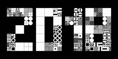 2018 Yeni Yıl soyut vektör geçmişi. 2018 sembollü alt şebeke sistemi. Rastgele boyutlardaki nesneler. Geleceğin minimalist kavramsal üretken düzeni. Prosedür grafikleri