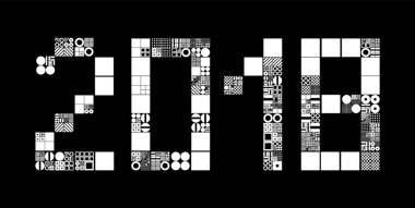 2018 Yeni Yıl soyut vektör geçmişi. 2018 sembollü alt şebeke sistemi. Rastgele boyutlardaki nesneler. Geleceğin minimalist kavramsal üretken düzeni. Prosedür grafikleri