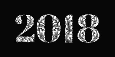 Çiçek süsüsüyle inşa edilmiş 2018 tabelası olan vektör Mutlu Yıllar arkaplanı. Yeni yıl tasarım elemanı. Davetiyeler için bayram tasarım şablonu, tebrik kartı vesaire. Zarif süslemeli sayılar