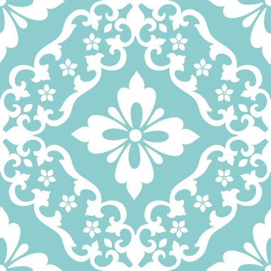 Vektör damaske desen elementi. Klasik lüks, eski moda İspanyol süsü, duvar kağıtları, tekstil ve ambalaj için kraliyet Victoria dönemi dikişsiz dokusu. Zarif çiçekli barok şablonu