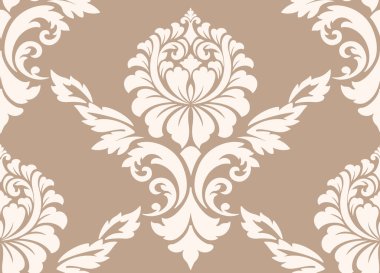 Vektör damaske desen elementi. Klasik lüks, eski moda İspanyol süsü, duvar kağıtları, tekstil ve ambalaj için kraliyet Victoria dönemi dikişsiz dokusu. Zarif çiçekli barok şablonu