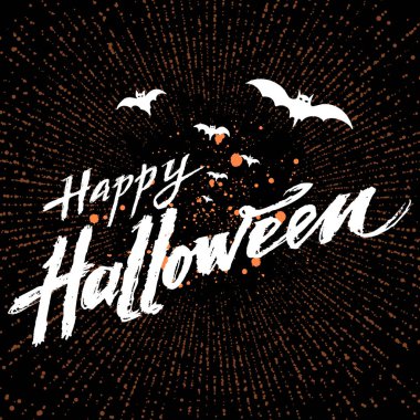 Mutlu Cadılar Bayramı 'nın karanlık arka planında turuncu kan lekeleri, beyaz kirli el çizimi Mutlu Cadılar Bayramı ve uçan yarasalar. Zarif bir tebrik kartı ya da parti broşürü. 10 saniye.