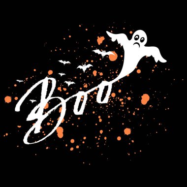 Mutlu Cadılar Bayramı 'nın karanlık arka planında turuncu kan lekeleri, beyaz kirli el çizilmiş Boo, uçan yarasalar ve hayalet. Zarif bir tebrik kartı ya da parti broşürü. 10 saniye..