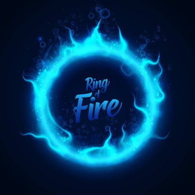 Kabarcıklı mavi su altı ateşinin vektör halkası. İşlem alevleri parlayan çemberin etrafında yanar. Siyah arkaplan çiziminde yanan daire. 10 saniye..
