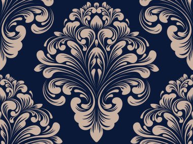 Vektör damaske desen elementi. Klasik lüks, eski moda İspanyol süsü, duvar kağıtları, tekstil ve ambalaj için kraliyet Victoria dönemi dikişsiz dokusu. Zarif çiçekli barok şablonu