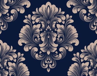 Vektör damaske desen elementi. Klasik lüks, eski moda İspanyol süsü, duvar kağıtları, tekstil ve ambalaj için kraliyet Victoria dönemi dikişsiz dokusu. Zarif çiçekli barok şablonu