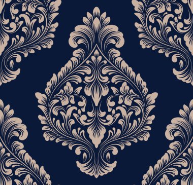 Vektör damaske desen elementi. Klasik lüks, eski moda İspanyol süsü, duvar kağıtları, tekstil ve ambalaj için kraliyet Victoria dönemi dikişsiz dokusu. Zarif çiçekli barok şablonu