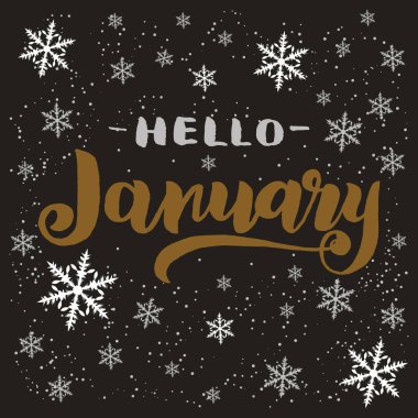 El çizimi tipografi harfleri Hello January koyu arka planda kar taneleriyle izole edilmiş. Kış tebrik kartı, yazdırma vesaire için fırça mürekkebi kaligrafi yazılımı