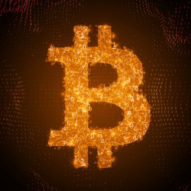 Akan ikili sayılarla inşa edilmiş altın Bitcoin sembolü. Bitcoin, engelleme zinciri transferi. Bilgisayar kodu gösterimi. Kriptografik analiz, hackleme. Kripto para birimi görselleştirmesi