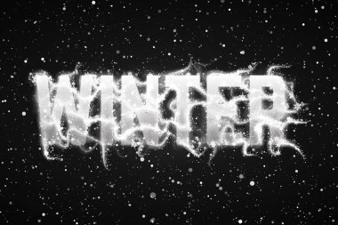 Kış koyu arkaplan, hafif odaklı kar ve rüzgarda uçuşan kar taneleriyle Winter 'a mesaj. Beyaz karlı beyaz harfler. Yeni yıl karmaşık, detaylı bir geçmiş. Metin üzerinde kar fırtınası