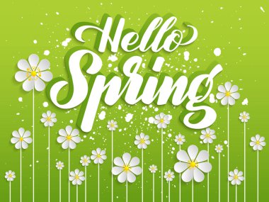 Merhaba Spring 'in el çizimi harfleri. Zarif modern el yazısı el yazısı. Çiçekli yeşil arkaplanda Vektör Mürekkebi çizimi. Kartlar, davetiyeler, baskılar vs.