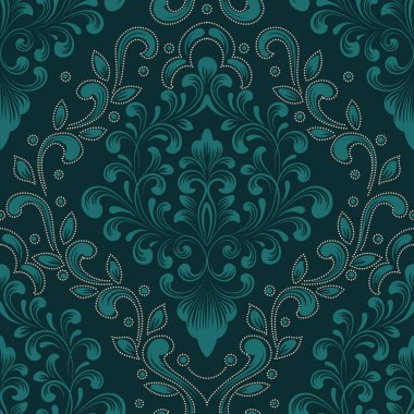 Vektör damaske desen elementi. Klasik lüks, eski moda İspanyol süsü, duvar kağıtları, tekstil ve ambalaj için kraliyet Victoria dönemi dikişsiz dokusu. Zarif çiçekli barok şablonu