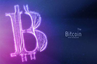 Büyüyen çizgilerle inşa edilmiş yeşil Bitcoin sembolü. Bitcoin, engelleme zinciri transferi. Bilgisayar kodu gösterimi. Kriptografik analiz, hackleme. Kripto para birimi görselleştirmesi