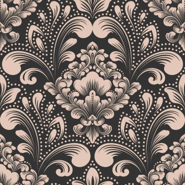 Vektör damaske desen elementi. Klasik lüks, eski moda İspanyol süsü, duvar kağıtları, tekstil ve ambalaj için kraliyet Victoria dönemi dikişsiz dokusu. Zarif çiçekli barok şablonu