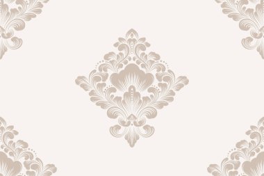 Vektör damaske desen elementi. Klasik lüks, eski moda İspanyol süsü, duvar kağıtları, tekstil ve ambalaj için kraliyet Victoria dönemi dikişsiz dokusu. Zarif çiçekli barok şablonu