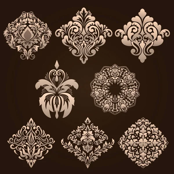 Conjunto Vectorial Elementos Ornamentales Damasco Elegantes Elementos Florales Abstractos Para — Vector de stock