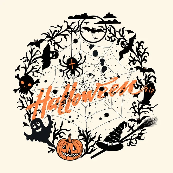 Vector Happy Halloween Background Orange Pumpkin Hand Drawn Lettering Halloween — Stock Vector