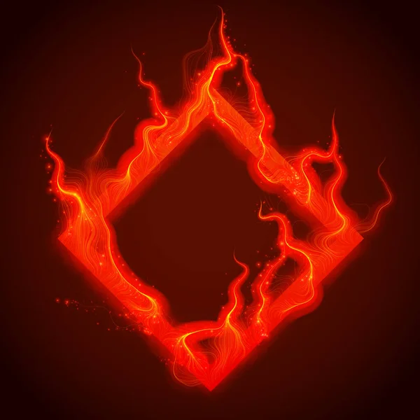 Vector square of red fire with sparks. Procedural fire flames burn around glowing rhombus. Fire burning square frame on a black background illustration. eps 10.