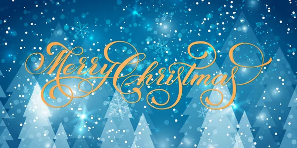 ベクトル松や雪と冬の背景にメリークリスマステキスト 青を背景に休日のための創造的なタイポグラフィのギフトポスター ベクター インクのイラスト カード招待状プリント — ストックベクタ
