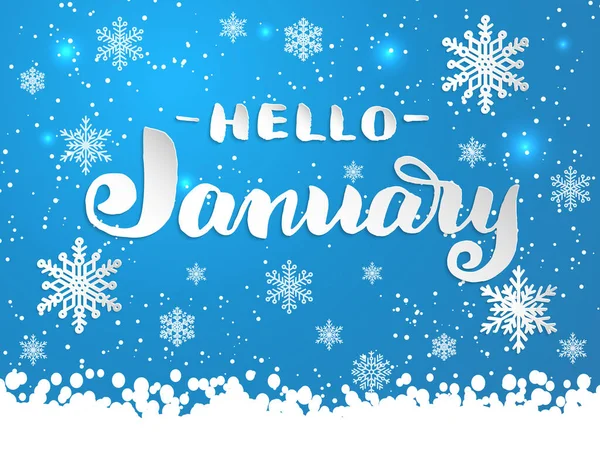 Handgezeichneter Schriftzug Hallo Januar Mit Schneeflocken Auf Blauem Hintergrund Elegante — Stockvektor