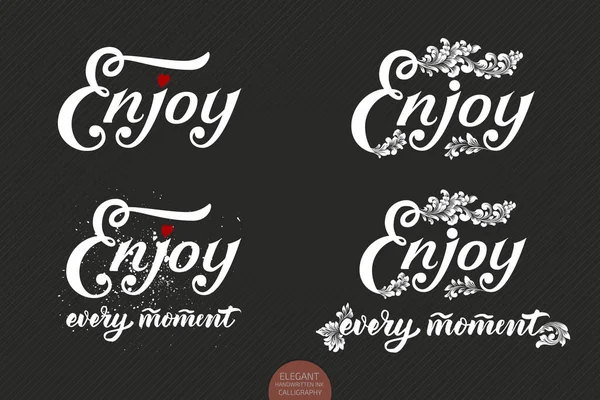 Conjunto Letras Dibujadas Mano Disfruta Con Pequeño Corazón Elementos Florales — Vector de stock