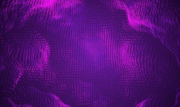 ベクトル抽象ビッグデータ可視化 紫色の輝くデータフローは 2進数です コンピュータコード表現 暗号解析ハッキング Bitcoin ブロックチェーン転送 プログラムコードパターン — ストックベクタ