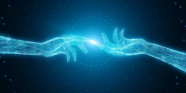 İki elin vektör çizimi birbirine dokunur. Bağlantı kavramı, ilk temas, ağ. Dijital siber bağlantı hissi. Mistik Yapay Zeka Birliği