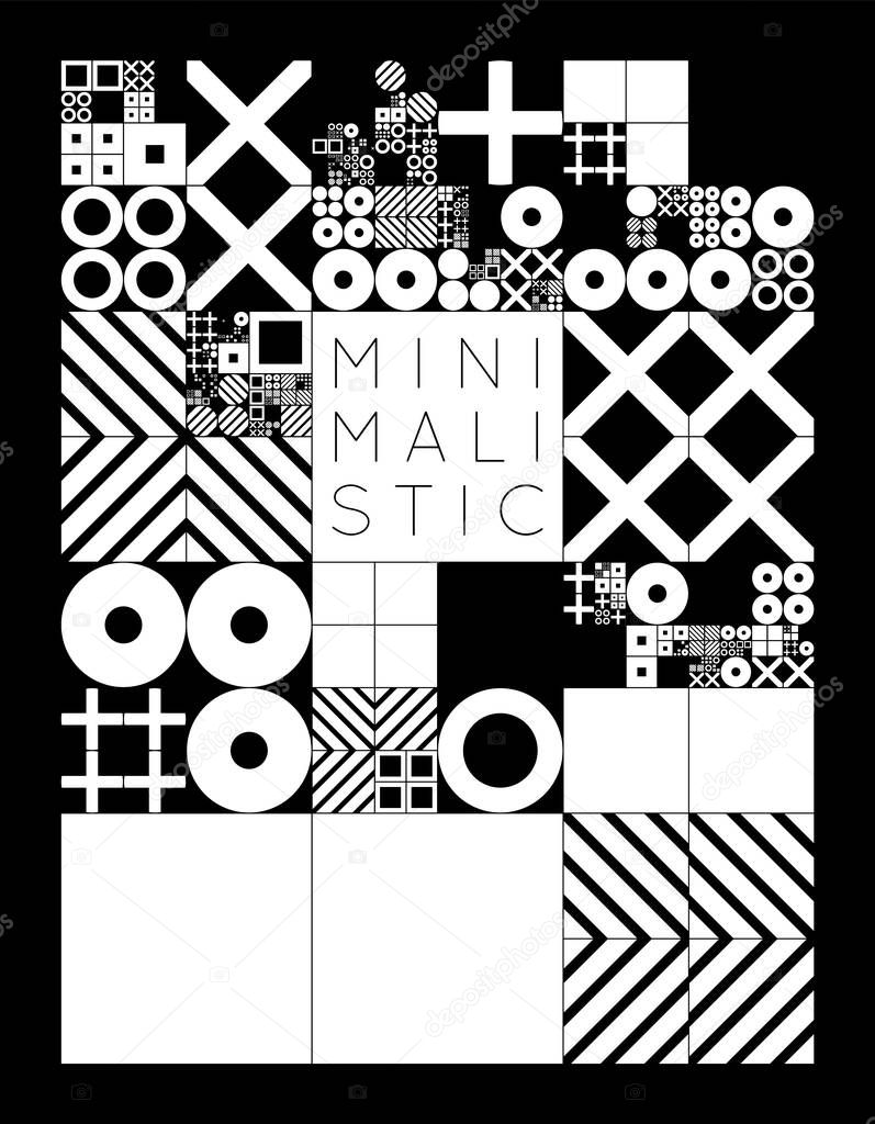 Subdivided grid system with symbols. Randomly sized objects with fixed space between. Futuristic minimalistic monochrome layout. Conceptual generative background. Procedural graphics. Creative coding