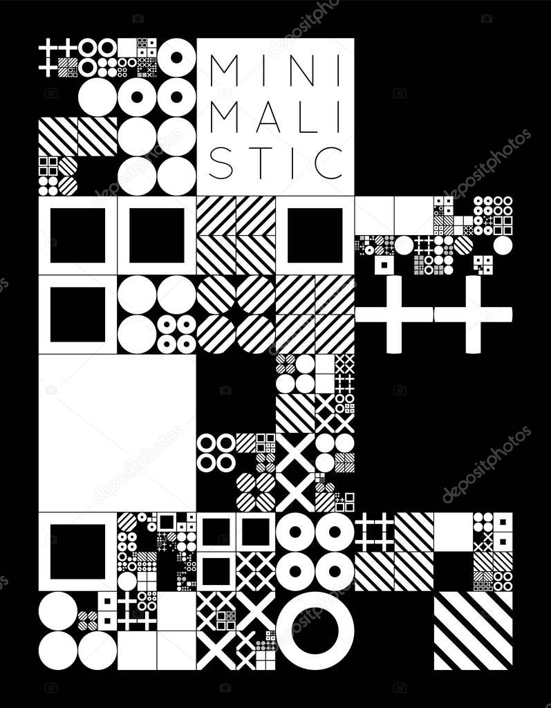 Subdivided grid system with symbols. Randomly sized objects with fixed space between. Futuristic minimalistic monochrome layout. Conceptual generative background. Procedural graphics. Creative coding