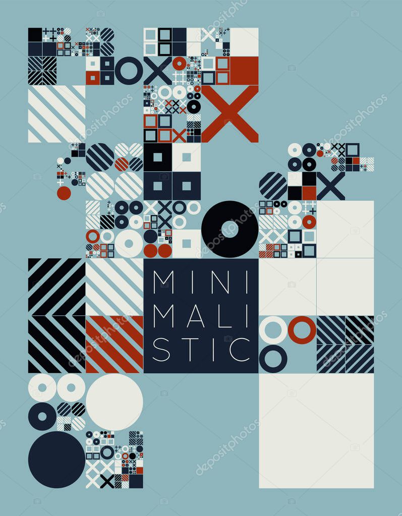 Subdivided grid system with symbols. Randomly sized objects with fixed space between. Futuristic minimalistic colorful layout. Conceptual generative background. Procedural graphics. Creative coding