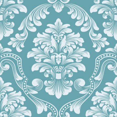 Vektör damaske desen elementi. Klasik lüks, eski moda İspanyol süsü, duvar kağıtları, tekstil ve ambalaj için kraliyet Victoria dönemi dikişsiz dokusu. Zarif çiçekli barok şablonu