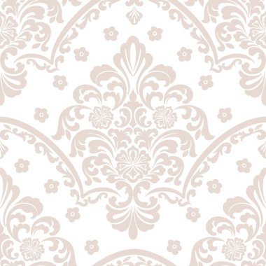 Vektör damaske desen elementi. Klasik lüks, eski moda İspanyol süsü, duvar kağıtları, tekstil ve ambalaj için kraliyet Victoria dönemi dikişsiz dokusu. Zarif çiçekli barok şablonu