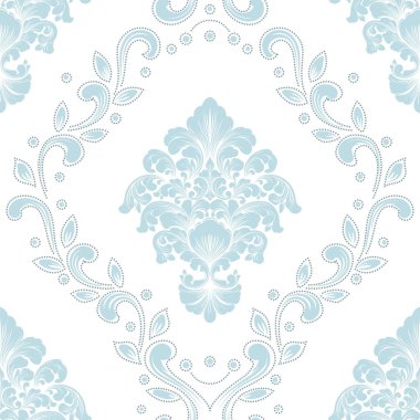 Vektör damaske desen elementi. Klasik lüks, eski moda İspanyol süsü, duvar kağıtları, tekstil ve ambalaj için kraliyet Victoria dönemi dikişsiz dokusu. Zarif çiçekli barok şablonu