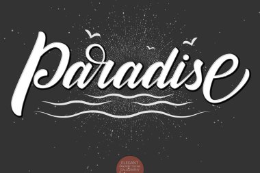 Cennet 'in el çizimi harfleri. Deniz dalgaları ve kuşlarla yazılmış zarif el yazısı. Vektör Mürekkebi çizimi. Karanlık arka planda tipografi posteri. Kartlar, davetiyeler, baskılar vs.