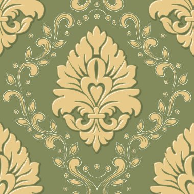 Vektör damaske desen elementi. Klasik lüks, eski moda İspanyol süsü, duvar kağıtları, tekstil ve ambalaj için kraliyet Victoria dönemi dikişsiz dokusu. Zarif çiçekli barok şablonu