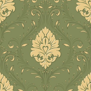Vektör damaske desen elementi. Klasik lüks, eski moda İspanyol süsü, duvar kağıtları, tekstil ve ambalaj için kraliyet Victoria dönemi dikişsiz dokusu. Zarif çiçekli barok şablonu