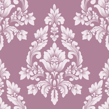 Vektör damaske desen elementi. Klasik lüks, eski moda İspanyol süsü, duvar kağıtları, tekstil ve ambalaj için kraliyet Victoria dönemi dikişsiz dokusu. Zarif çiçekli barok şablonu