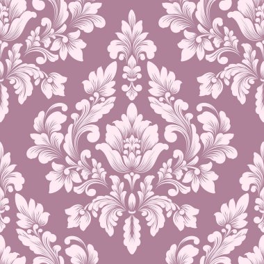 Vektör damaske desen elementi. Klasik lüks, eski moda İspanyol süsü, duvar kağıtları, tekstil ve ambalaj için kraliyet Victoria dönemi dikişsiz dokusu. Zarif çiçekli barok şablonu